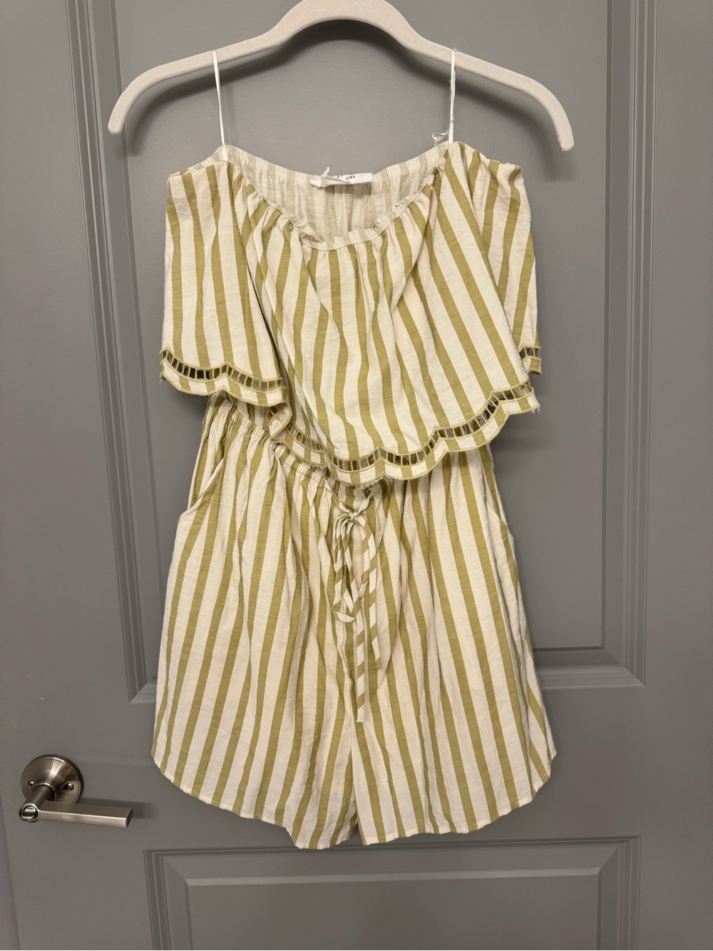 strapless Striped Romper in Olive Stripe